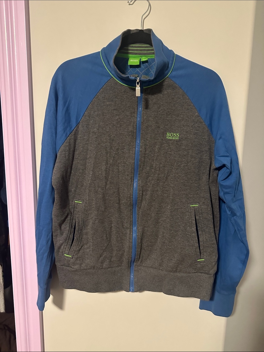 Hugo Boss Gray Body Blue-Sleeve Full-Zip Jacket with Green Accents